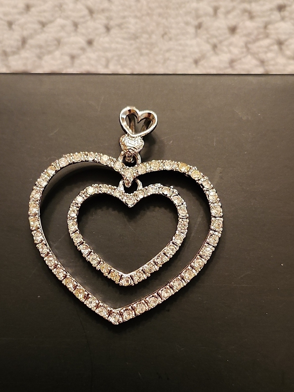 Crystal Double Heart Pendant Necklace - Silver Tone 0210